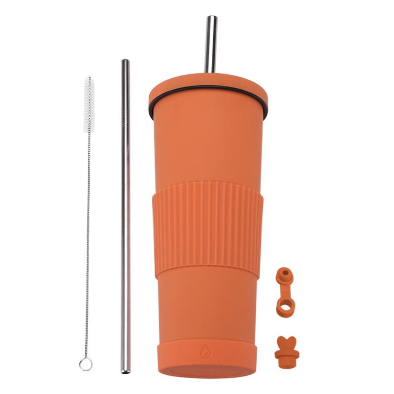 830Ml Stainless Steel Straw Cup Large Capacity Non-Slip Sleeve Straw Thermos Cup Simple Car Water Cup