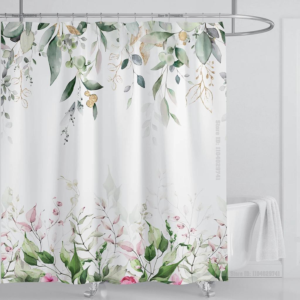 Watercolor Leaves On The Top Plant With Floral Bathroom Greenery Leaf Decoration Watercolor Botanical Shower Curtain With Hooks