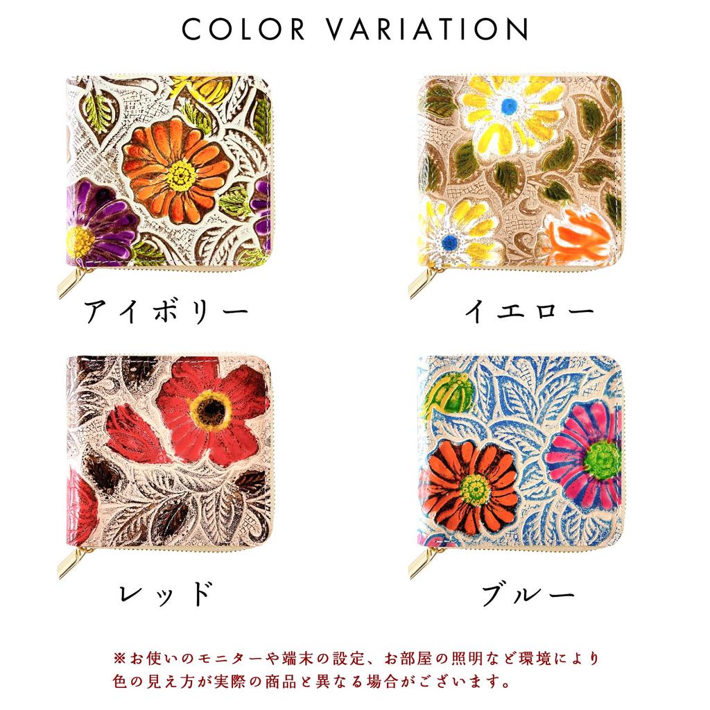 Carteira Bifold Feminina Tendência Yamagishi, Couro Genuíno de Vaca, Zíper Redondo, Compacta, Estampa Floral de Alta Qualidade, Embossada Floral Retrô,