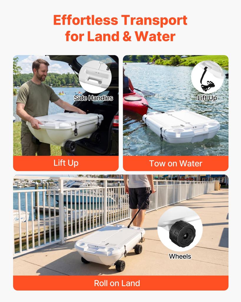 VEVOR Floating Cooler, 37.9 L Floating Ice Chest with Dry Storage, Wheels & Tow Rope, Premium LLDPE Amphibious Drink Cooler for Water & Land