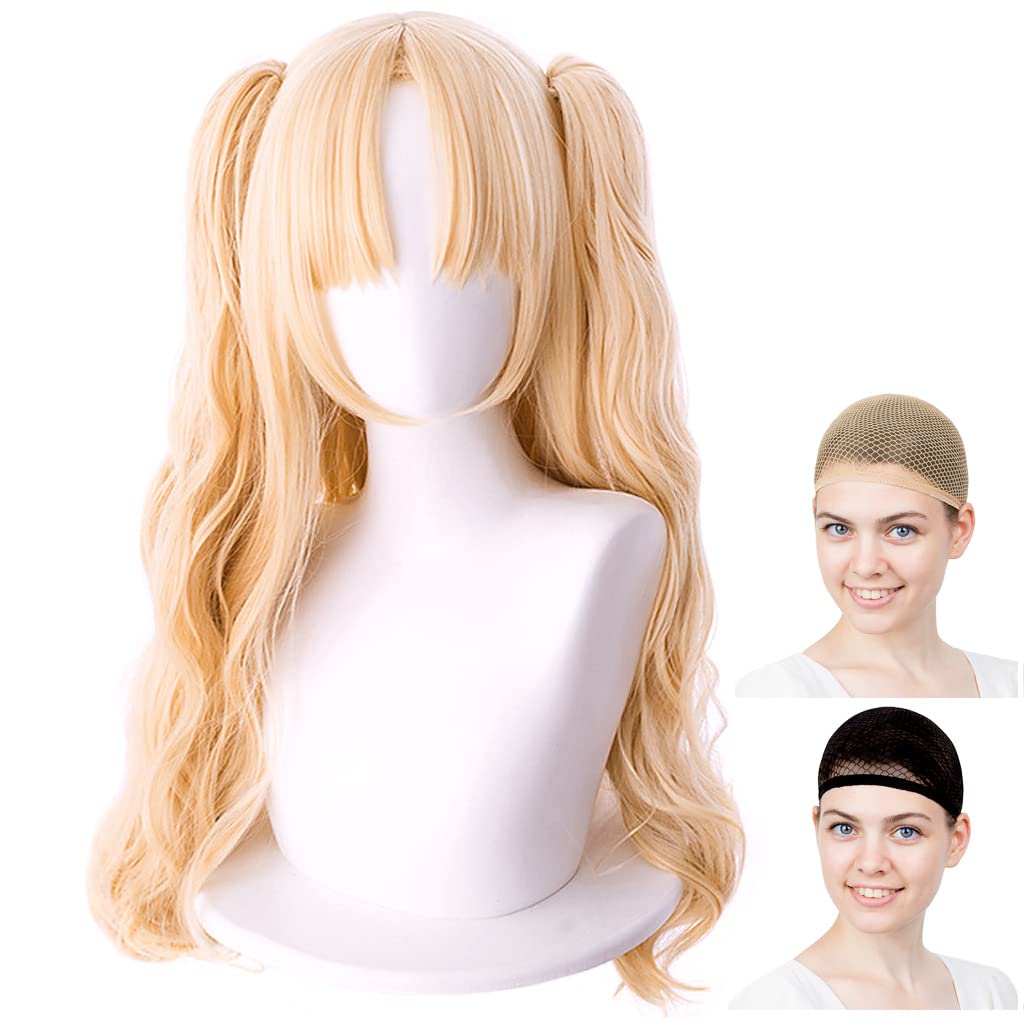 CaseEden Cosplay Wig, Long Twin Tail with Bun, Heat Resistant, Gold Blonde, Set of 2 Wig Nets