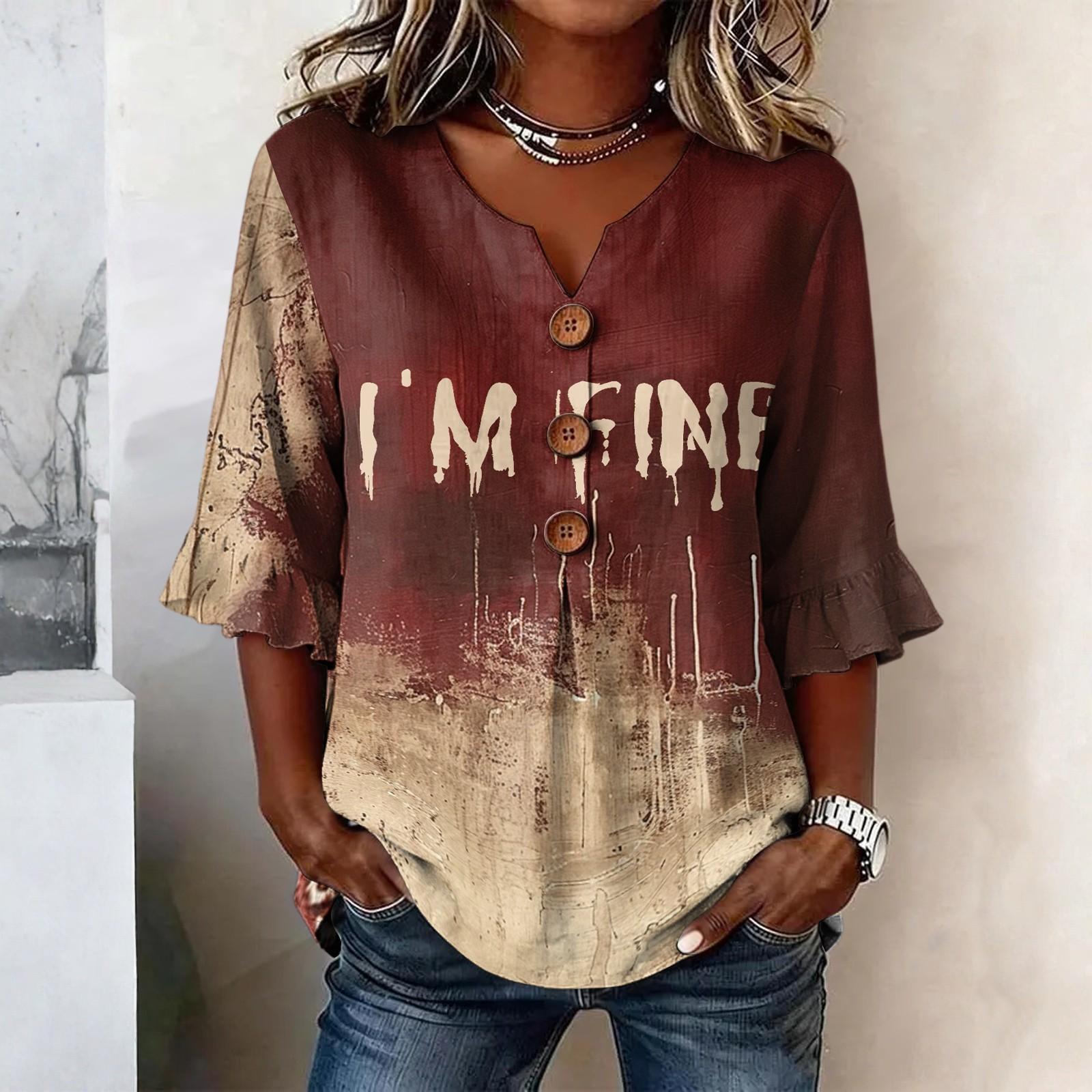 Women s Halloween Printed Blouse Lace Trim Sleeves Loose Fit Casual Tunic Top L