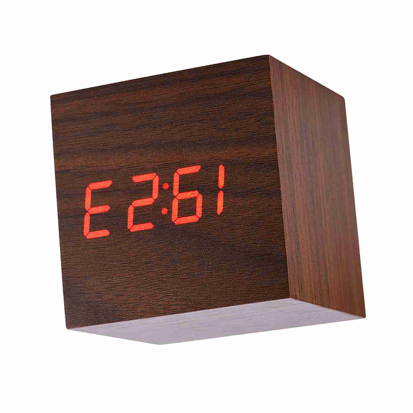 

6x6x6 см Деревянные электронные цифровые настольные часы-будильник с температурным светодиодным дисплеем и голосовым управлением Коричневые