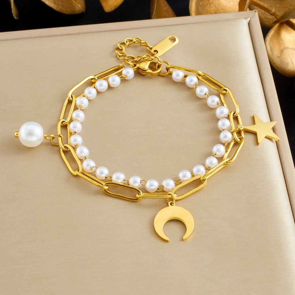 316L Stainless Steel Elegant Romantic Double Layer Star Moon Pearl Bracelet For Women Fashion New Jewelry Party Gift