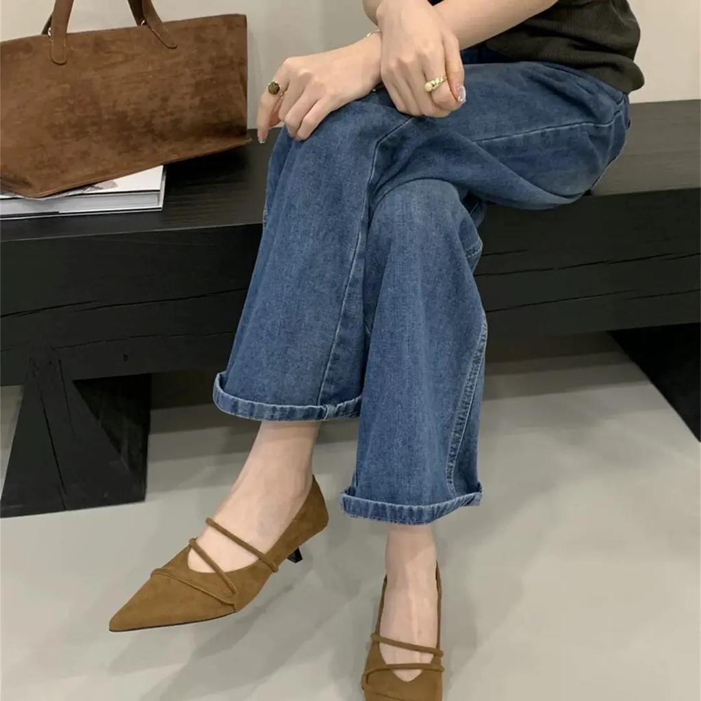 Fashion Versatile Retro Thin Commuter Shoes 2025 Autumn New Temperament Suede Pointed Small Low Heel High Heels