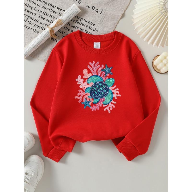 European Sizes Girls' Long-Sleeve Round Neck Sweatshirt "Sea Turtle Coral" Print, Spring/Autumn, Casual, Daily & Sports.