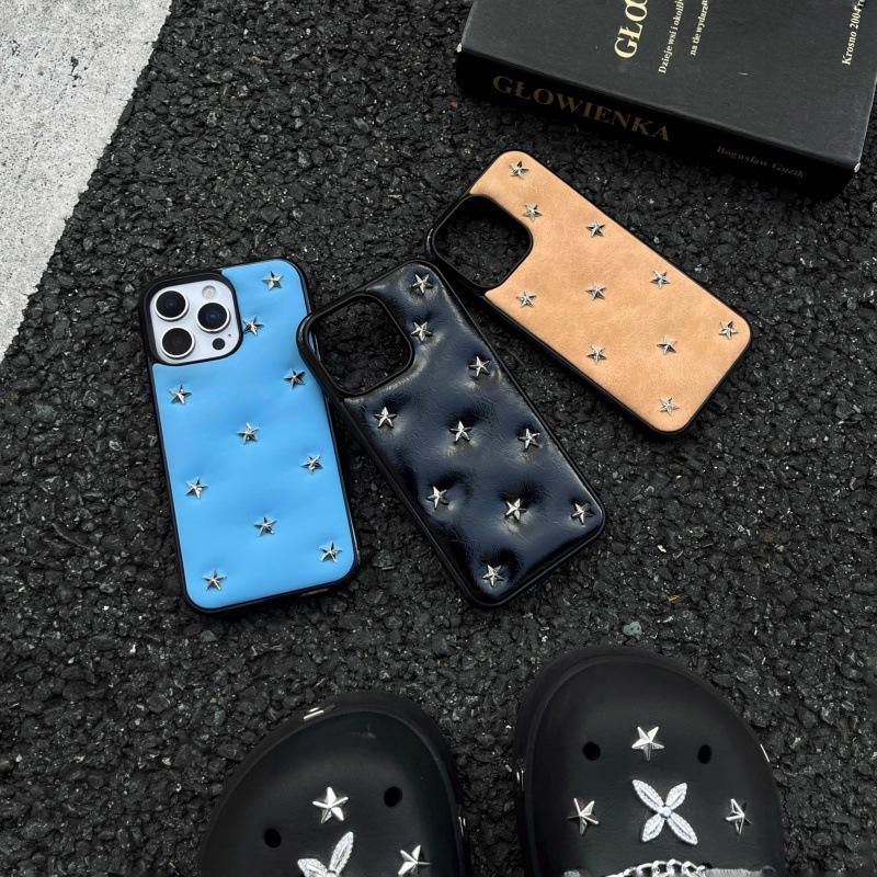 Cool Black Leather 3D Star Phone Case with Lanyard for iPhone 14/15/16 Pro/Pro Max