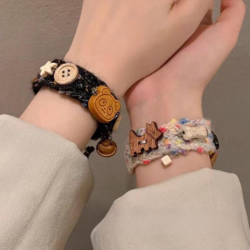 Bear Snuggly Bracelet For Women Elegant Plush Yarn And Wood Handmade Gift Christmas