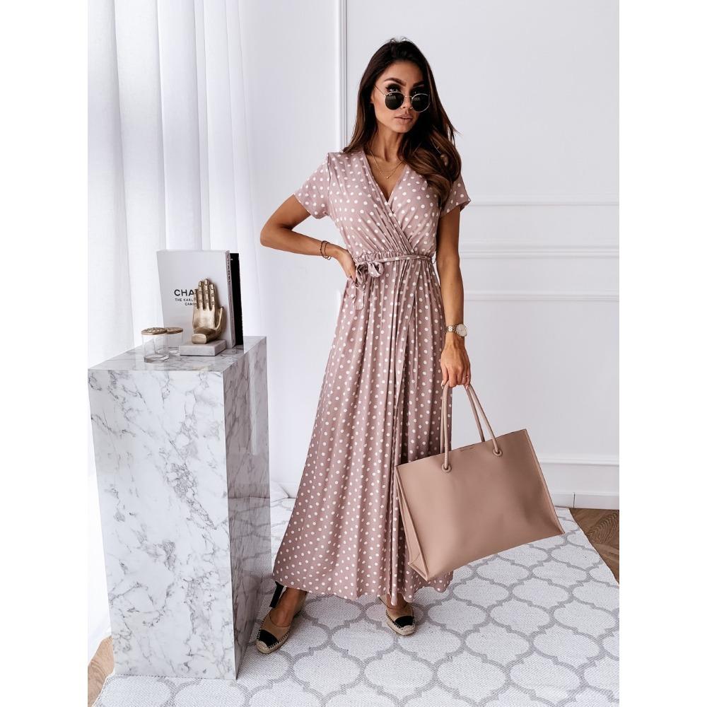 Women's Fashion Summer Spring Solid Color Print Short Sleeve V-Neck High Waist Casual Dresses