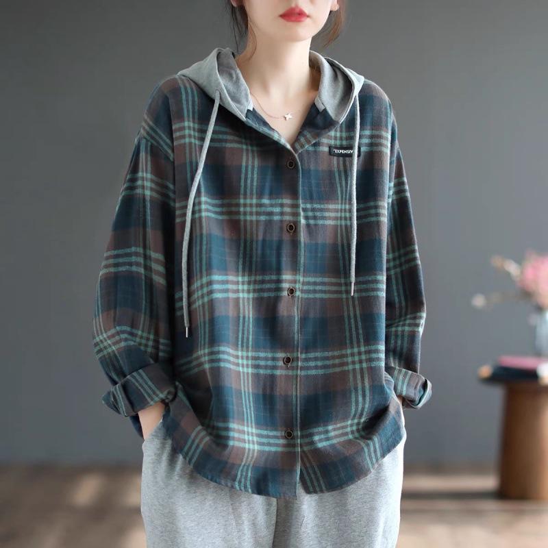 Autumn Japanese and Korean Single-breasted Plaid Brushed Long-sleeved Shirt Women's Casual Large Size Casual Hooded Shirt