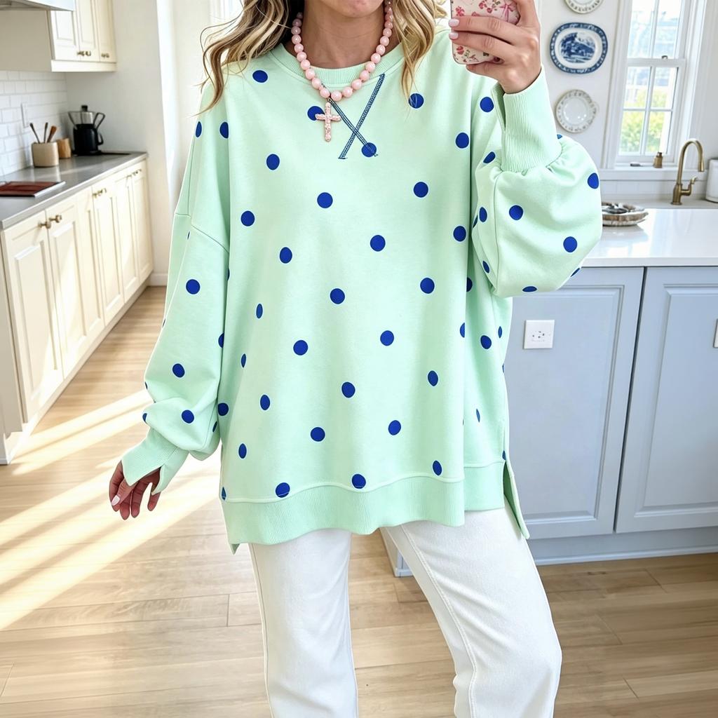 Damen Freizeit Pullover mit langen Ärmeln und Polka-Dot-Muster, lockere Passform