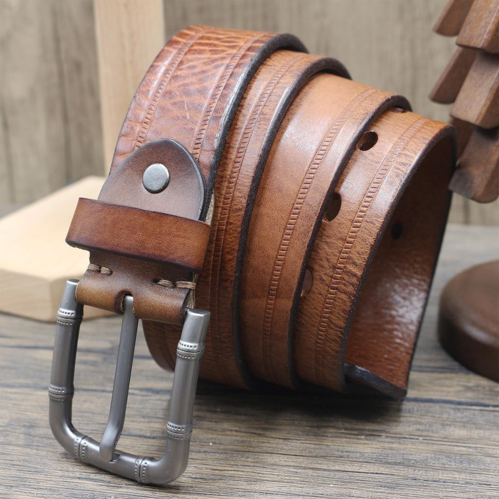 3.8CM Wide-head Layer Cowhide Belt Men's Pin Buckle Genuine Leather Pure Cowhide Retro Business Versatile Casual Pants Belt Trendy