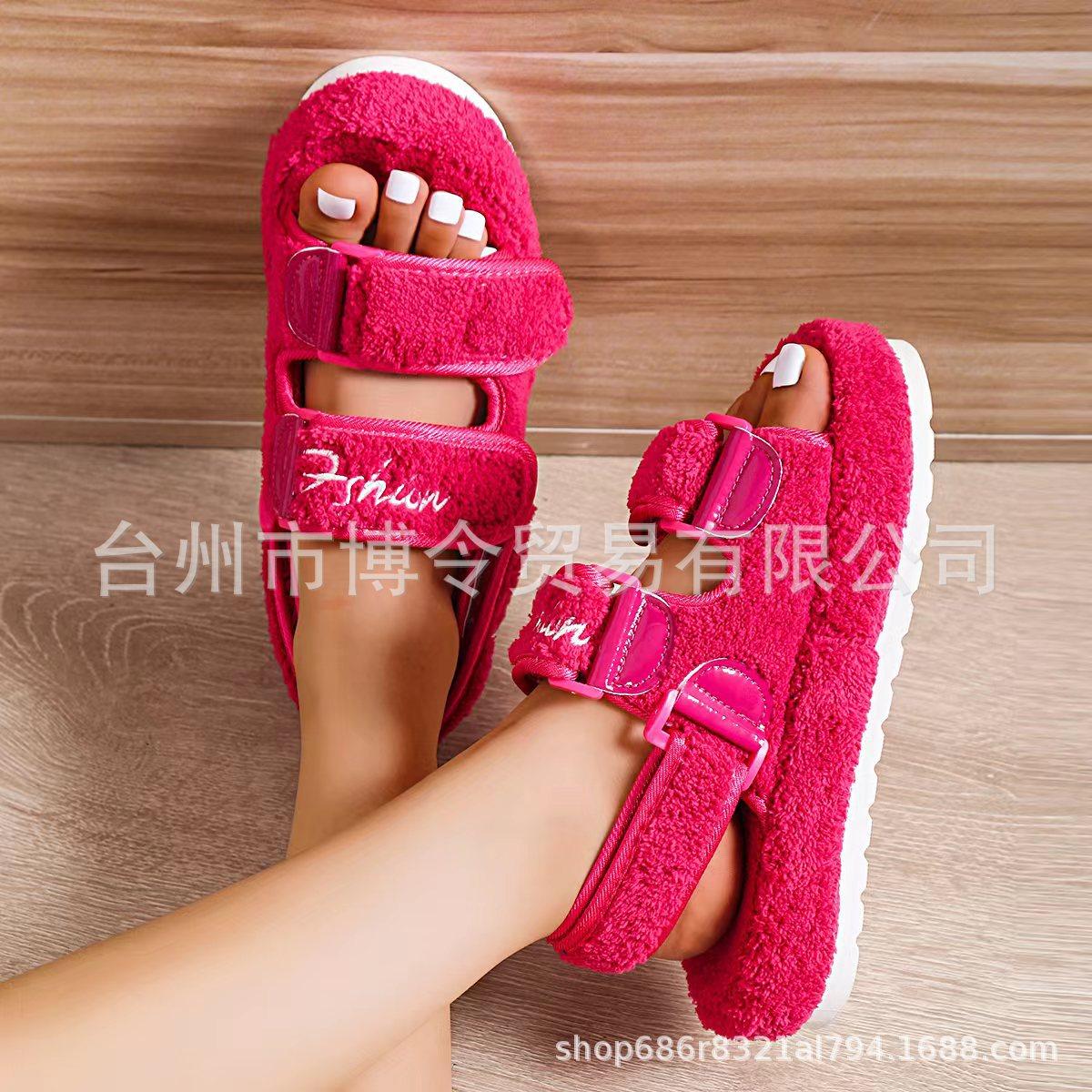 

Velcro one-word thick-soled Mao Mao sandals women s fashion new spring and autumn embossed cotton European and American foreign trade large-size Mao 43 рожевий червоний колір