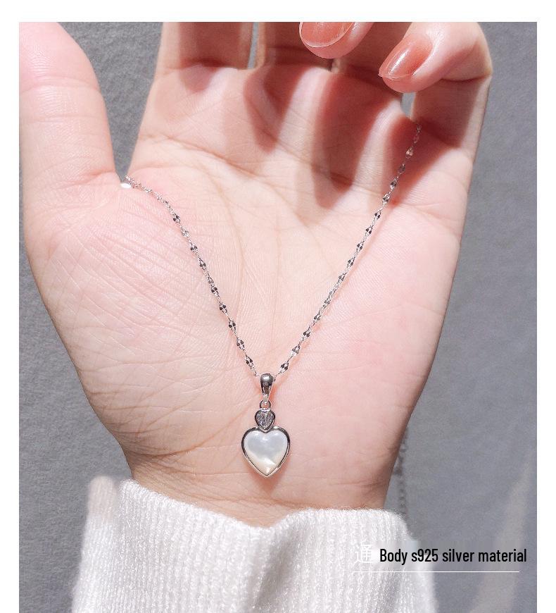 White Mother of Pearl Heart S925 Sterling Silver Necklace - Elegant and Versatile Clavicle Chain with a Niche Luxury Design for Women