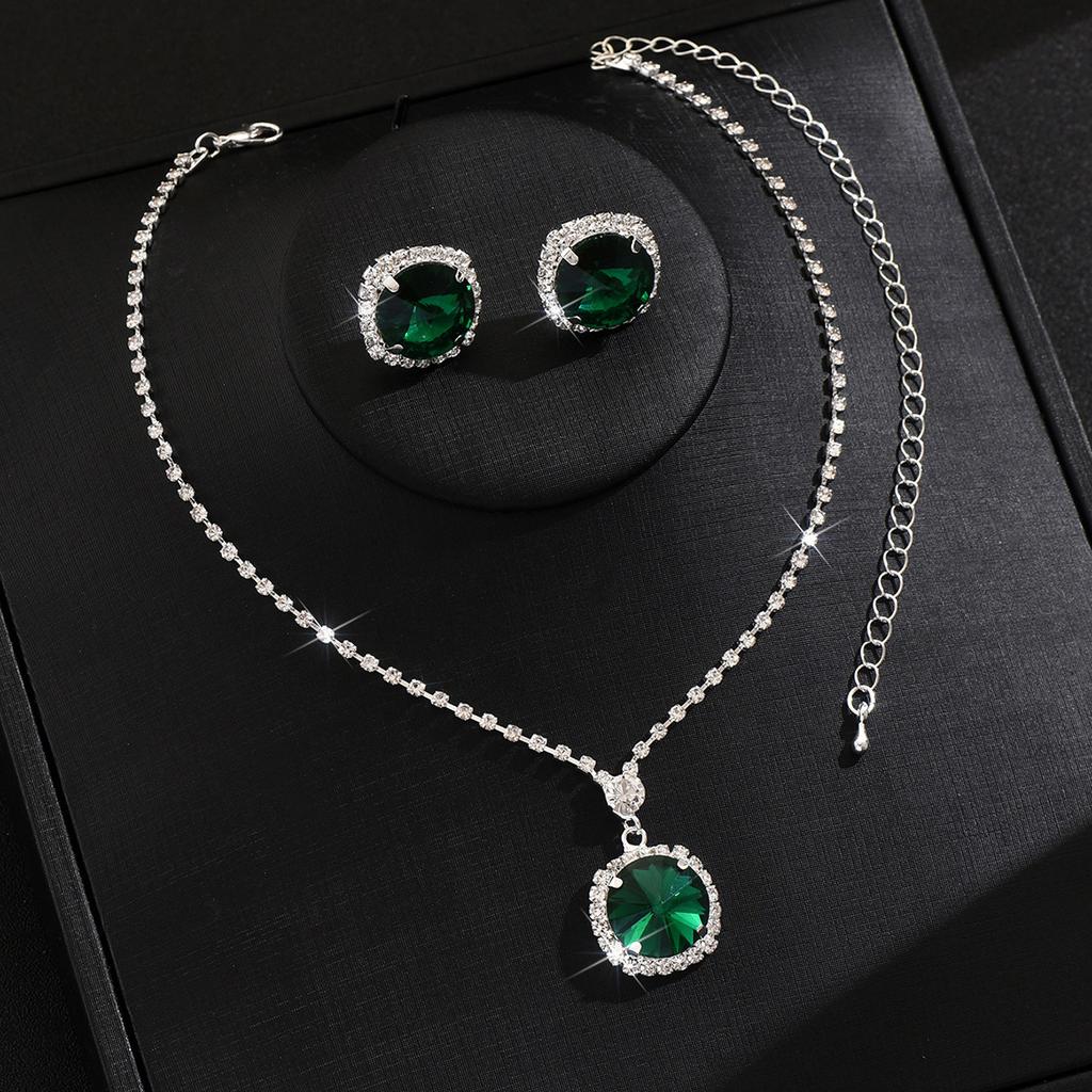 Emerald Full Diamond Square Set Necklace Earrings Jewelry Two-Piece Set