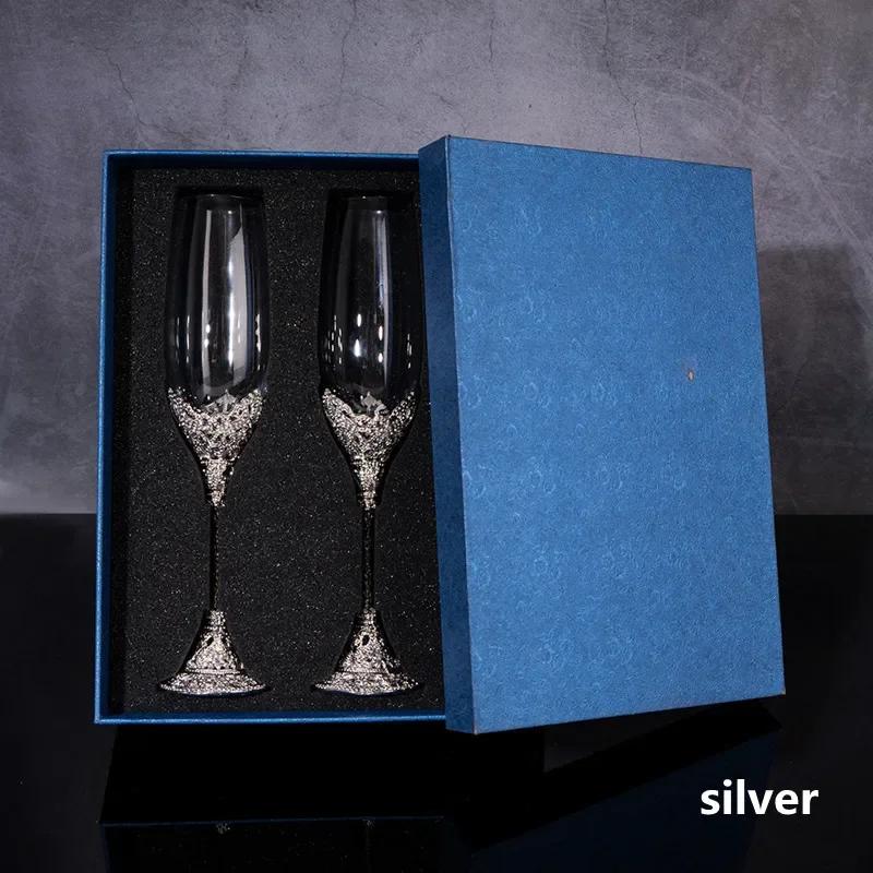 2 pezzi Flute da champagne in cristallo argentato Bicchieri da sposa per sposa Sposo Coppe da brindisi in oro rosa Set regalo per coppie Fidanzamento