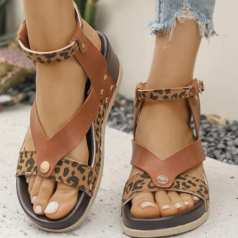 Fashion Summer Women's Shoes Leopard Print Wedge Sandals Women Plus Size Ankle Strap High Heel Sandal Female Slip on Sandalias De Mujer