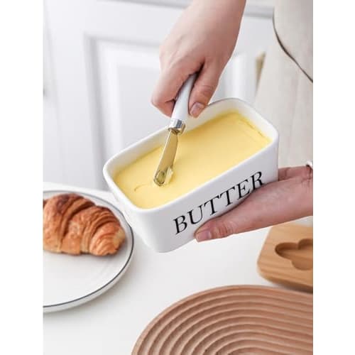 Butter Case, Storage Container with Knife, Wooden Case and Ceramic Butter Holder, Butter Knife Box, Kitchen Storage, Condiment Storage Container, Scan