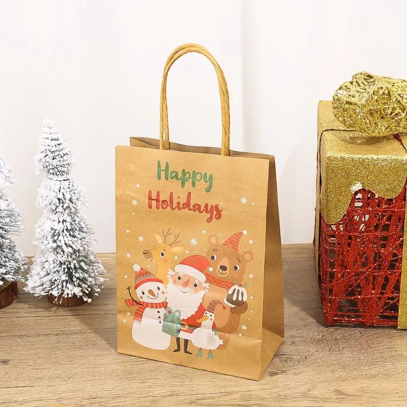 5/20x Christmas Kraft Gift Bags with Handles Snowman Santa Tree Designs Geometric Pattern Paper Tote Bags Party Xmas Decoration