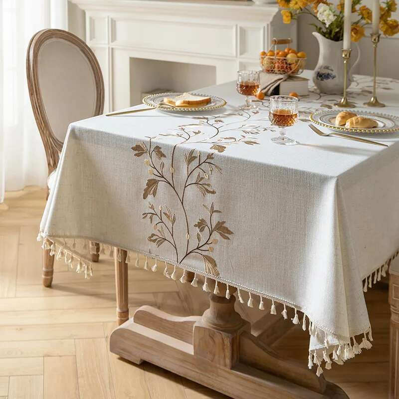 Nordic Cotton Linen Fabric Tablecloth Embroidered Dining Table Cloth Waterproof and Oil Proof Tea Table Cloth Rectangular Tassel