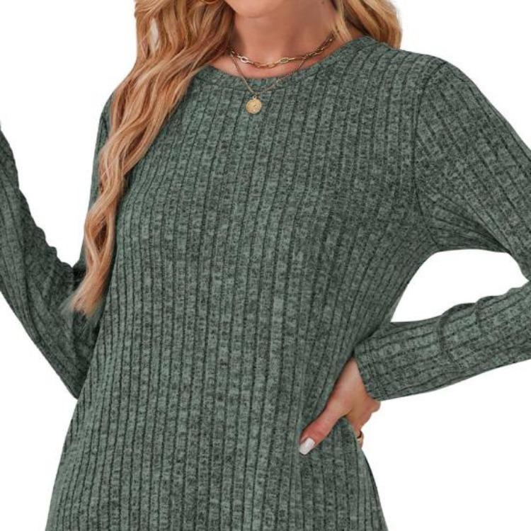 Women Long Sleeve Knit Tops Casual Solid Color Striped Blouse with Side Pocket