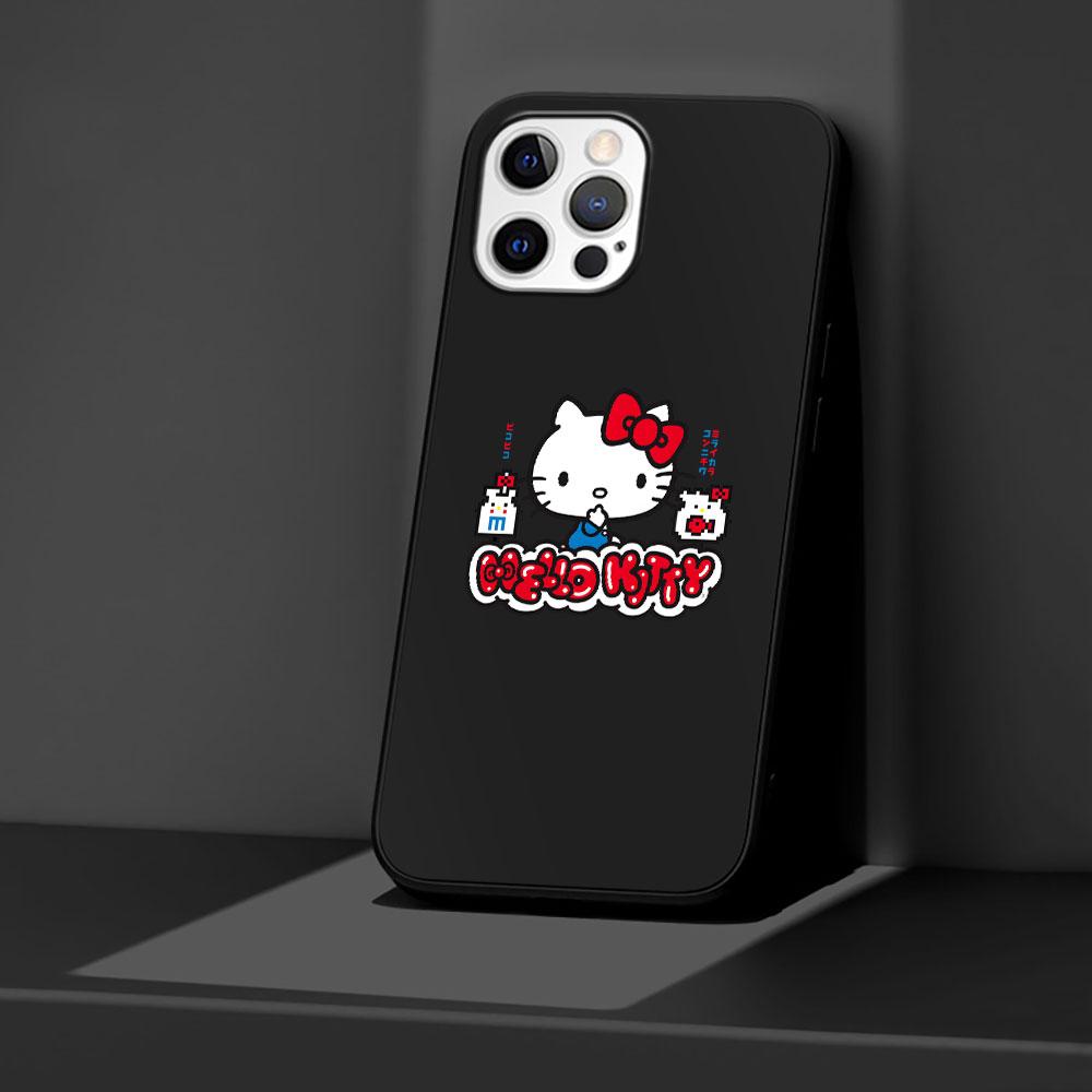 

Hello Kitty Cartoon Case for Apple iPhone 13 14 Plus 11 12 Mini 15 Pro Max 7 8 SE 2020 X XS XR Silicone Black Soft Phone Cover iPhone 7(SE 2020)