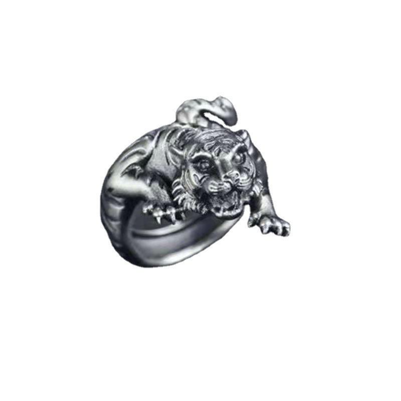 Adjustable Vintage Tiger Ring Men Women Copper Silver-Plated Open Band Zodiac Animal Jewelry