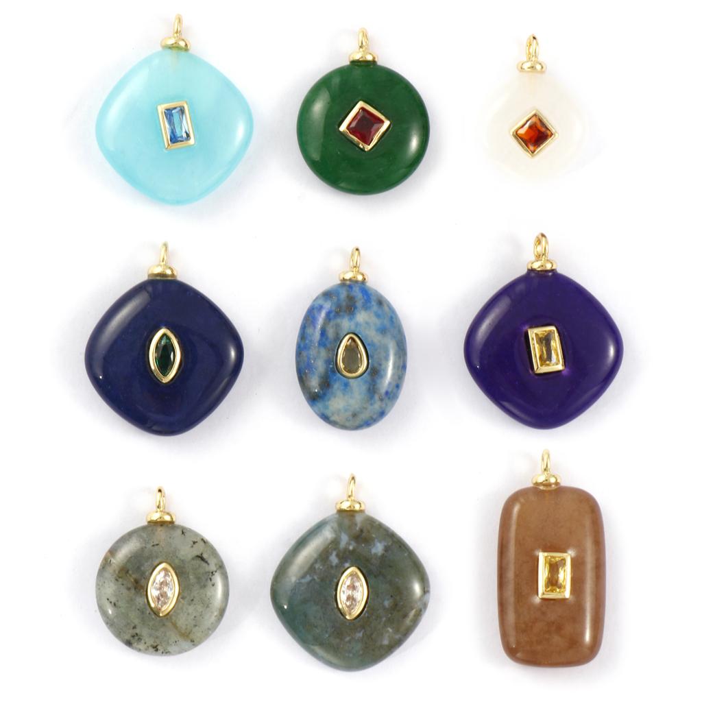 1 Piece Brass & Cubic Zirconia & Geometric Natural Stone Charms 18K Gold Plated Olive Rhombus Pendants For DIY Necklace Making