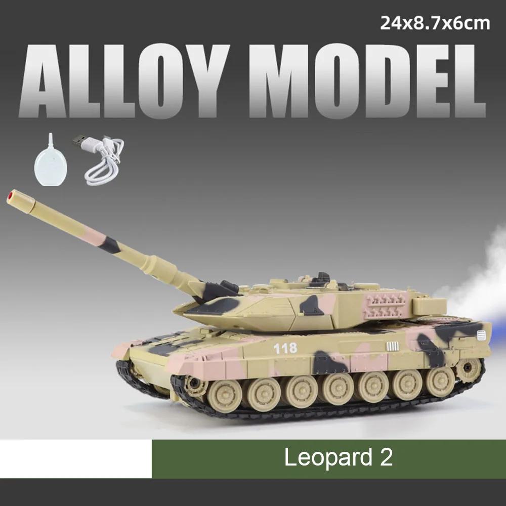 1:32 Leopard2 T-90 M4 Main Battle Tank Tiger Heavy Tanks Model Toy Car Sound Light Spray Military Vehicle Models for Boys Kids