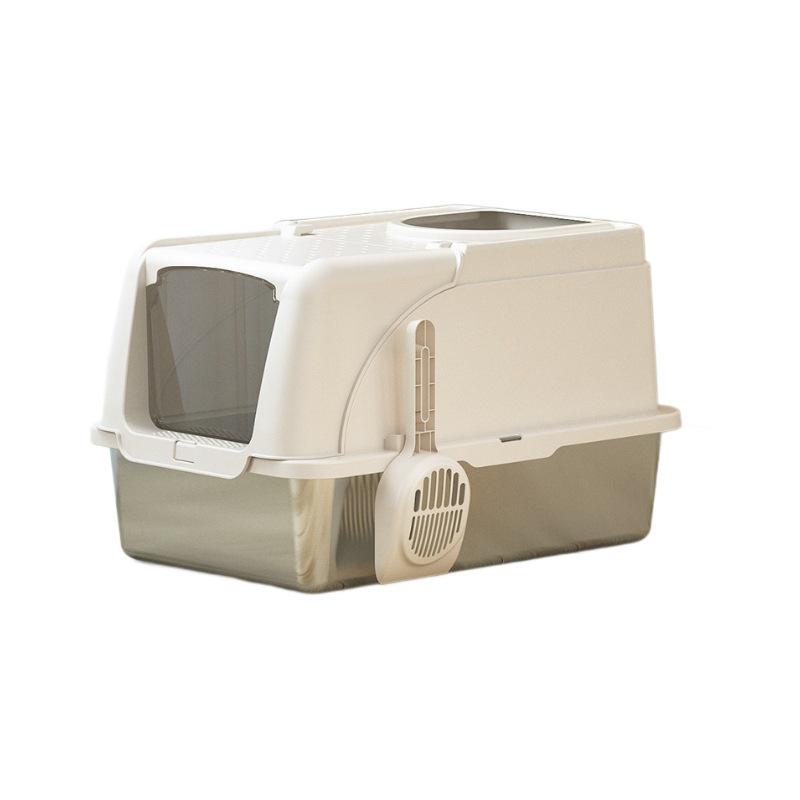 Meow & Cross-Border Stainless Steel Cat Litter Box with Flip Lid, Anti-Splash Design with Raised Edge, and Non-Stick Base.