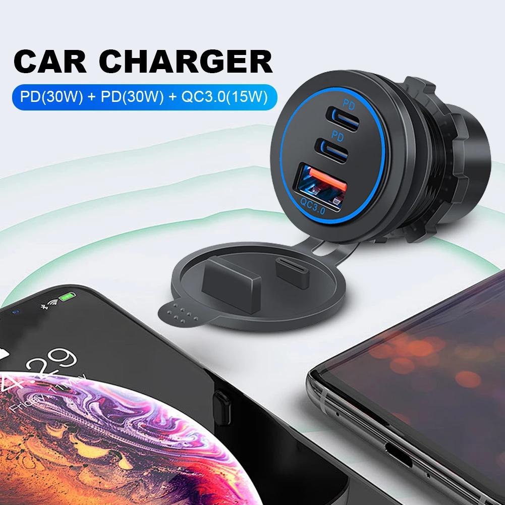 75W 12V 24V Car Charger Socket with 3 Ports PD Type C QC 3.0 Fast Charge Waterproof USB Outlet for Vehicles and Boats