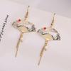 Chinese Style Folding Fan Modeling Crane Cloud Hanging Dangle Earrings for Women Hollow Asymmetric Drop Earring National Zircon