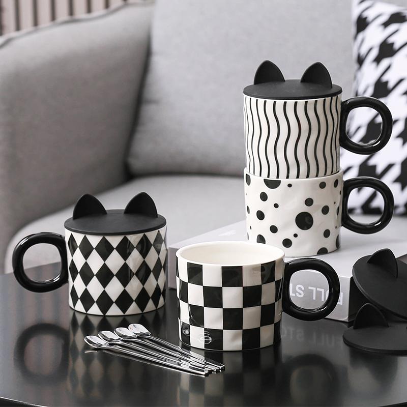 High-color Value Mug with Lid and Spoon Ceramic Coffee Cup High-grade Exquisite Female Milk Cup Office Couple Water Cups