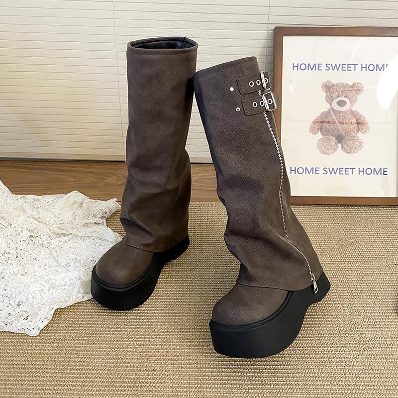 

Fashion Chunky Style Women Knight High Boots Designer Belt Buckle Platform Heel Shoes Autumn Winter Thick Sole Ladies Long Booties 35 коричневый