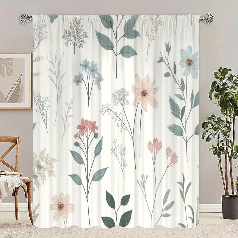 2pcs- Hand-painted Plant-printed Curtains -100% Polyester Material, Suitable for Bedroom Curtains and Living Room Decoration,