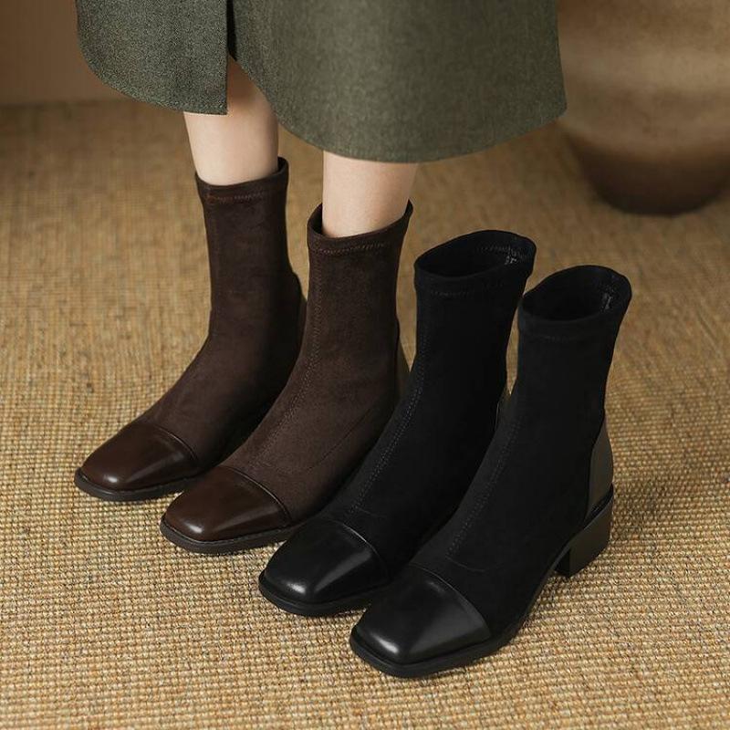 Herbst und Winter Mittelhohe Wildleder Ritterstiefel Damen Bequem Ärmel Quadratischer Absatz Lederstiefel Koreanische Version Quadratische Spitze Gummisohle Med