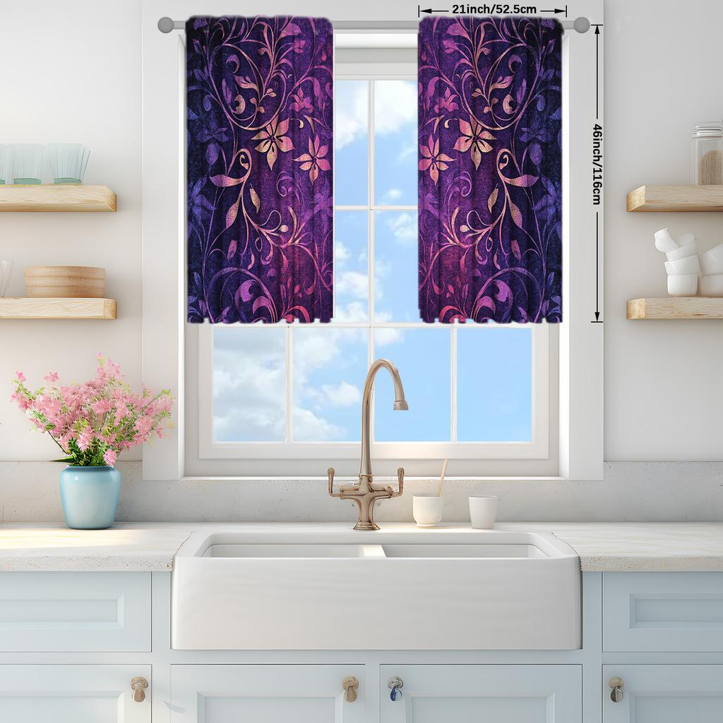 2PCS Mysterious Purple Floral Print Sheer Polyester Curtains Rod Pocket Top for Bedroom Living Room Office Study Home Decor