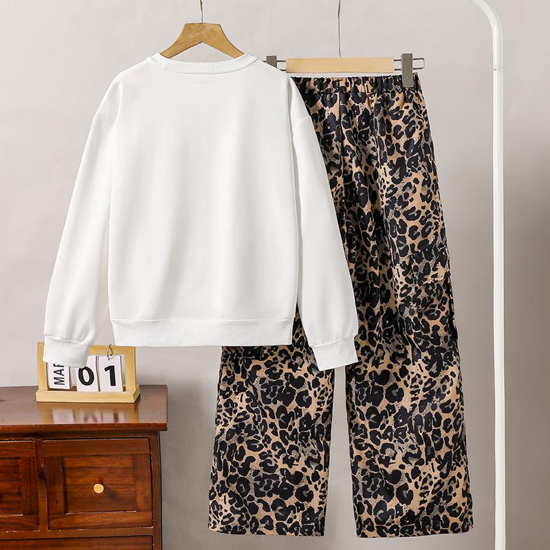 Girls' Outfit Children's Clothing Spring and Autumn New Fashion Leopard Print Bowknot Print Long Sleeve Sweatshirt Wide Leg Pants