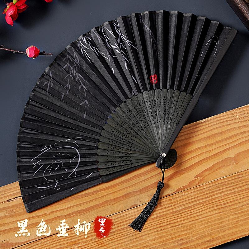 Bamboo Folding Fan Silk Chinese Fan Hand Women Black Fan Summer Female Dance Home Decoration Party Gift Home Ornament Fan Black