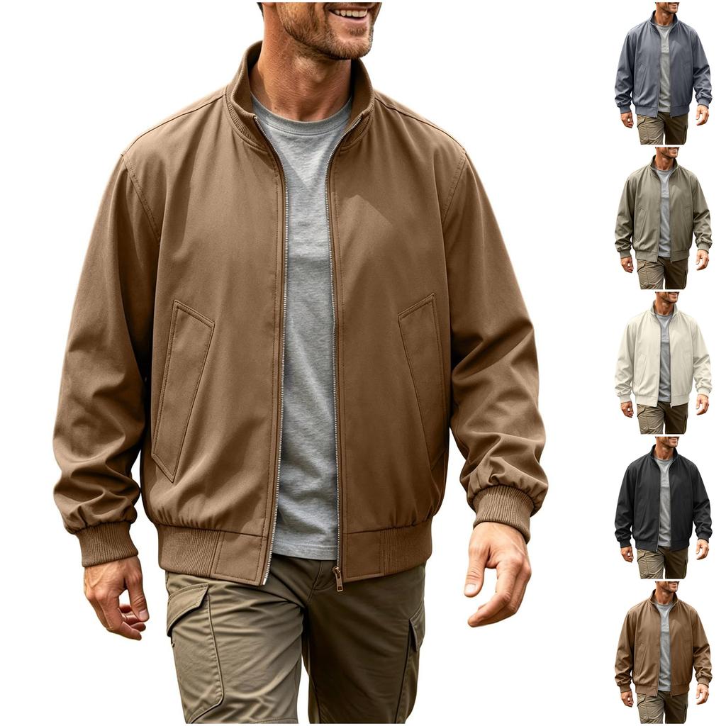 Men's Spring Fall Stand Collar Cargo Jacket, Loose Fit Windproof Streetwear Running Jacket