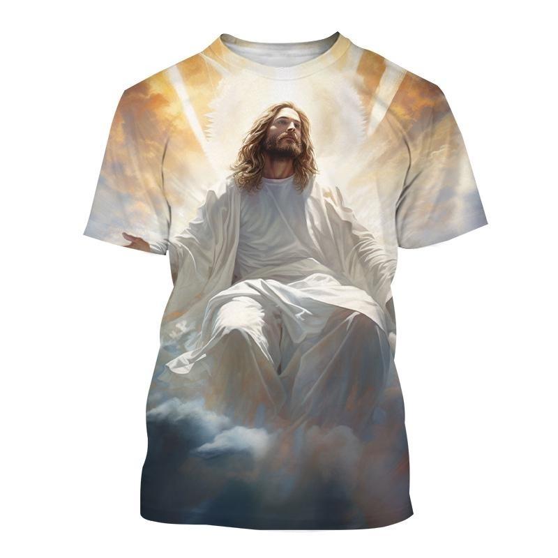 

Футболка з тривимірним принтом Ісуса. Чоловіча модна повсякденна футболка з короткими рукавами та круглим вирізом. Християнський Бог. Літні великі топи. Футболки. M