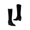 2025 New V-port Belt Buckle Thick-soled Long Knight Boots Women's Retro Pointed Suede Thick-heeled Denim High Boots
