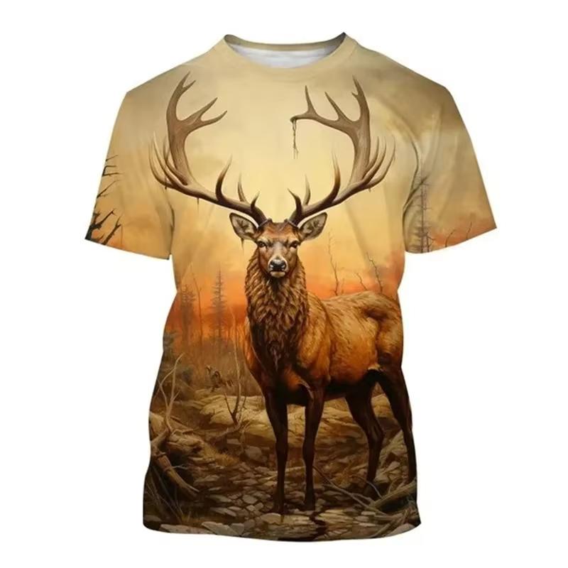 Divertente T-shirt Stampata in 3D con Motivo Caccia al Cervo Animale Estate Casual Moda Manica Corta Top da Uomo Personalizzato Girocollo Abbigliamento