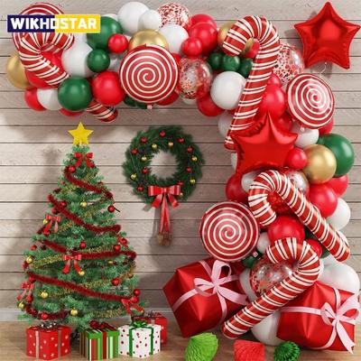 130PCS Christmas Balloon Set Candy Cane Aluminum Film Balloon Red Green White Christmas New Year Balloon Chain Arch Wreath Set
