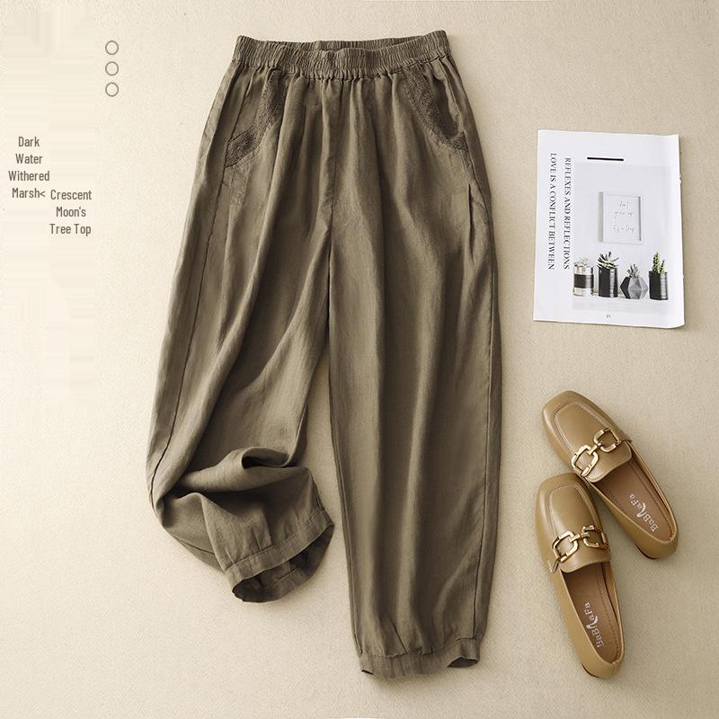 

2025 Summer Retro Cotton Linen Casual Women s Slimming Pants with Seven-Color Hook Flower Design 2XL [142-150]