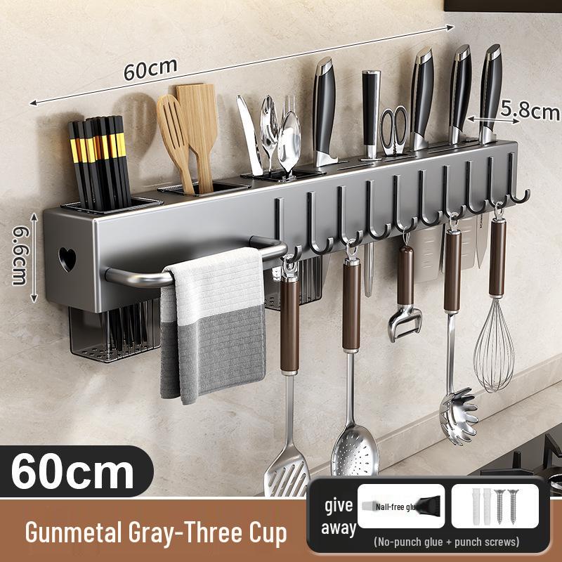 Wall-Mounted Kitchen Knife & Chopstick Storage Rack with Hooks (Punch-Free)