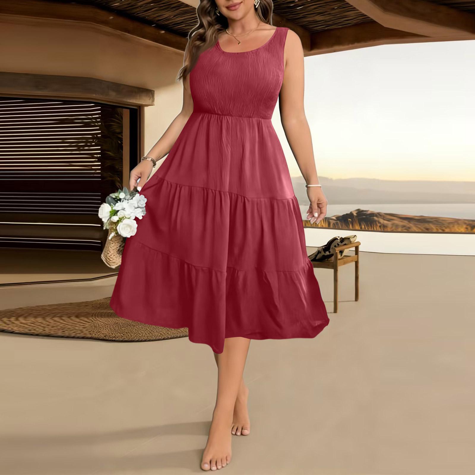 

Women s Casual -Color Loose Fit Sleeveless Midi Dress XL винний