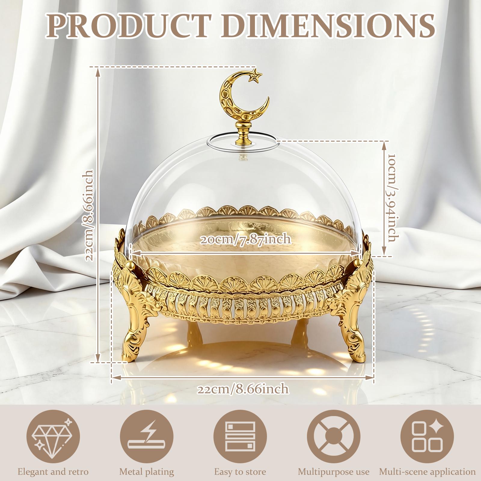 

7.8inch Ramadan Serving Tray Round Eid Mubarak Plates with Dome Lid Dessert Stand for Kitchen Dining Bakery Pastries Cake Decor