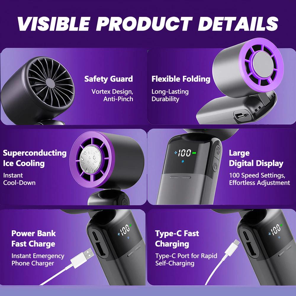 Handheld Mini Ice Compress Turbofan with Lanyard LED Digital Display Quite and High-Speed USB Rechargeable Air Cooling Fans