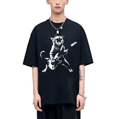Rock Punk Playing Guitar Cat Funny Meme T-shirt Men's Women Casual Cotton Vintage Short Sleeve Tee Shirt Male Oversized T-shirts